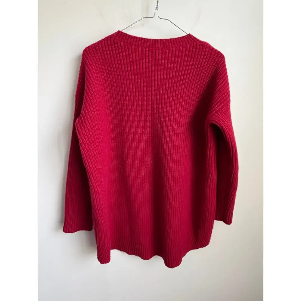 Eileen Fisher Cashmere/Wool Ribbed Textured Crew Neck Hi-Lo Sweater Red XS